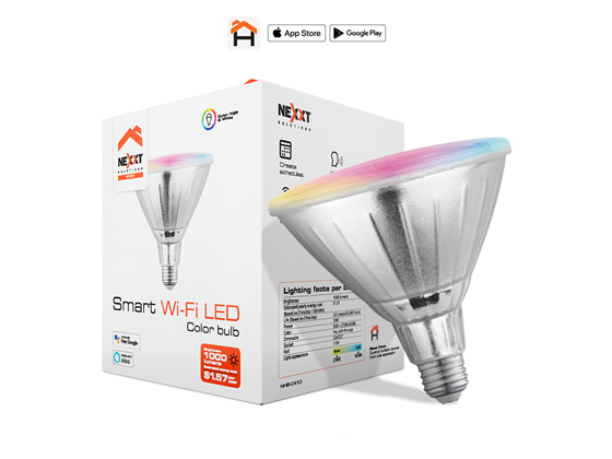 BOMBILLA INTELIGENTE NEXXT, EXTERIOR (HOME AUTOMATION), WIRELESS, LED MULTI-COLOR, PROGRAMABLE POR HORARIO, SE CONTROLA POR APLICACIÓN, TIEMPO DE VIDA APROX. 30 MIL HORAS, EQUIVALE A UNA BOMBILLA DE 80 WATTS, 1000 LUMENES, (ZOCALO PAR38) - (NHB-W410)