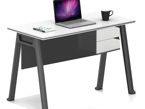 ESCRITORIO MYO CON 2 CAJONES CON SEGURO, BASE DE METAL, COLOR GRIS / BLANCO  (3 PARTES)