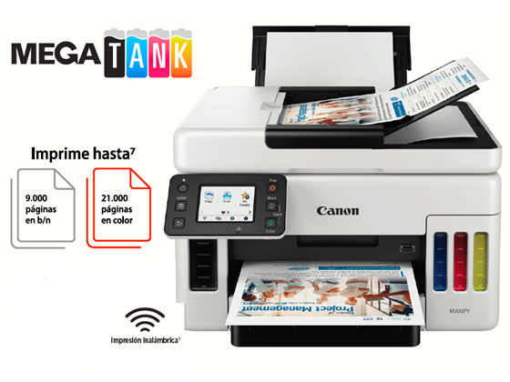 IMPRESORA CANON MAXIFY GX6010 MEGATANK, SISTEMA TINTA CONTINUA, COLOR, 45PPM EN NEGRO Y 24PPM A COLOR, ADF (50 HOJAS), IMPRESION DUPLEX EN UNA PASADA, ESCANEO DUPLX, WIFI, ENTHERNET, BANDEJA FRONTAL (250 HOJAS) Y BANDEJA SUPERIOR (100 HOJAS), IMPRIME HASTA 9,000 PAGINAS EN NEGRO (MODO ECO) Y 21,000 EN COLOR. CABEZAL Y CARTUCHO MANTENIMIENTO REMPLAZABLES (MC-G01). CICLO MENSUAL HASTA 45,000 IMPRESIONES.