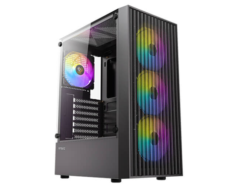 [107757] CASE GAMING ANTEC MID-TOWER, COLOR NEGRO. DISEÑO DE PANEL FRONTAL COMPLETO DE MALLA PARA MÁXIMO FLUJO DE AIRE. INCLUYE CUATRO VENTILADORES FRGB DE 120MM PREINSTALADOS. PANEL LATERAL DE VIDRIO TEMPLADO DE MEDIA VISTA. CONECTIVIDAD FRONTAL: DOS PUERTOS USB 2.0, UN PUERTO USB 3.0 Y CONEXIÓN DE AUDIO HD. SOPORTA PLACAS BASE ATX, MICRO-ATX E ITX. ALTURA MÁXIMA DEL DISIPADOR DE CPU: 155MM. LONGITUD MÁXIMA DE GPU: 295MM (SIN VENTILADOR FRONTAL) / 270MM (CON VENTILADOR FRONTAL). ESPACIO PARA DOS UNIDADES DE 3.5" Y TRES UNIDADES DE 2.5". FUENTE DE PODER COMPATIBLE: ATX (HASTA 170MM CON HDD / 295MM SIN HDD).