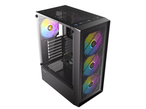 [107756] CASE ANTEC MID-TOWER, COLOR NEGRO, PLACAS BASE ITX, MICRO-ATX Y ATX. CUENTA CON UN PANEL LATERAL DE VIDRIO TEMPLADO. INCLUYE CUATRO VENTILADORES RGB FIJOS DE 120MM PREINSTALADOS. DOS PUERTOS USB 2.0, UN PUERTO USB 3.0 Y CONEXIÓN DE AUDIO HD. INTERNAMENTE, OFRECE ESPACIO PARA TRES UNIDADES DE 2.5" Y DOS UNIDADES DE 3.5", ADEMÁS DE SIETE SLOTS DE EXPANSIÓN. SOPORTA TARJETAS GRÁFICAS DE HASTA 270MM DE LARGO Y DISIPADORES DE CPU CON UNA ALTURA MÁXIMA DE 155MM. COMPATIBLE CON FUENTES DE ALIMENTACIÓN TIPO ATX.