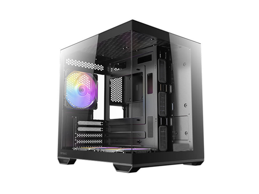 [107762] CASE GAMING ANTEC MINI-TOWER. COLOR NEGRO. PLACAS BASE MICRO-ATX E ITX. DISEÑO DE DOBLE CÁMARA PARA REFRIGERACIÓN INDEPENDIENTE. PANEL FRONTAL Y LATERAL DE VIDRIO TEMPLADO PARA VISTA PANORÁMICA DE 270°. INCLUYE TRES VENTILADORES ARGB DE 120MM PREINSTALADOS (DOS INFERIORES, UNO TRASERO). CONECTIVIDAD FRONTAL: DOS PUERTOS USB 3.0, UN PUERTO USB TIPO-C (10GBPS), AUDIO/MIC COMBO. GESTIÓN DE CABLES: 45MM (IZQ) / 95MM (DER). ALTURA MÁXIMA DISIPADOR CPU: 165MM. LONGITUD MÁXIMA GPU: 325MM. UNIDAD DE 3.5", TRES DE 2.5". FUENTE ATX (HASTA 240MM). FILTROS DE POLVO SUPERIOR E INFERIOR.
